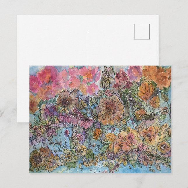 Boho Chic Blomsterträdgård Akvarellmålning Vykort (Fram/baksida)