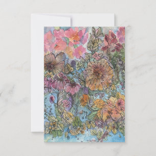 Boho Chic Blomsterträdgård Vattenfärgsfärg målning Anteckningskort