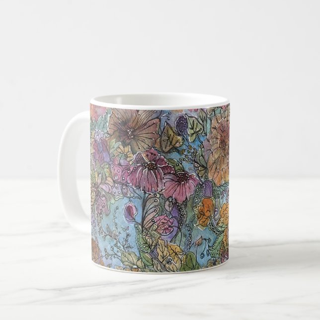 Boho Chic Blomsterträdgård Vattenfärgsfärg målning Kaffemugg (Framsida vänster)