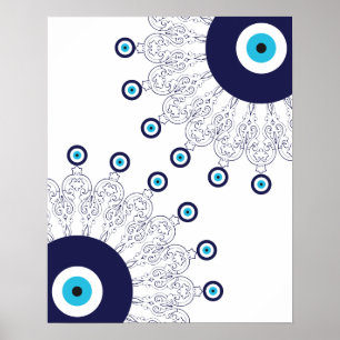 Boho Chic Blue Evil Öga Lucky Mandala Mönster Poster
