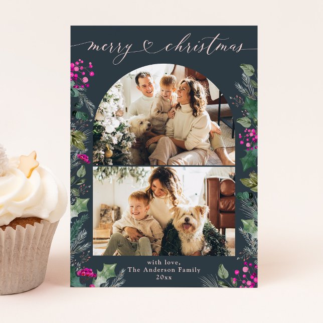 Boho Chic Blue Rosa Foliage Photo jul Card Julkort (Skapare uppladdad)