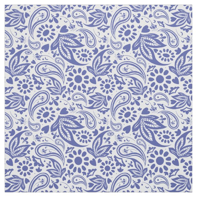 Boho chic Blue White Paisley och Flowers Mönster Tyg (Provkarta)