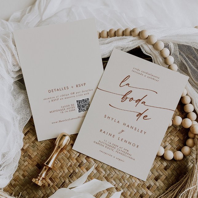 Boho Chic Bohemian Cream QR-kod Spanien Bröllop Inbjudningar (Skapare uppladdad)