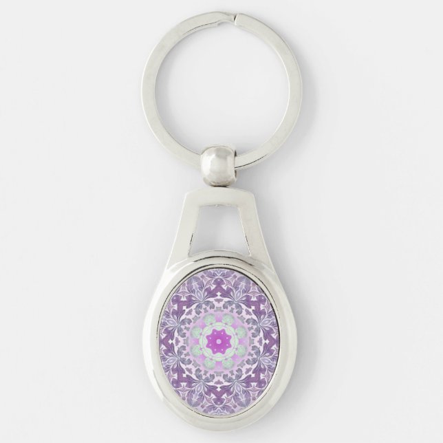 Boho chic Bohemian lilac lila mandala Ovalt Silverfärgad Nyckelring (Framsidan)