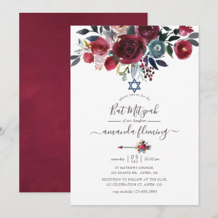 Boho Chic Burgunder och Marin Blommig Bat Mitzvah Inbjudningar