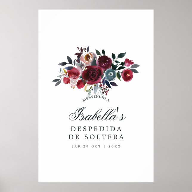 Boho Chic Burgunder och Marinblå blommig Välkomsts Poster (Framsidan)