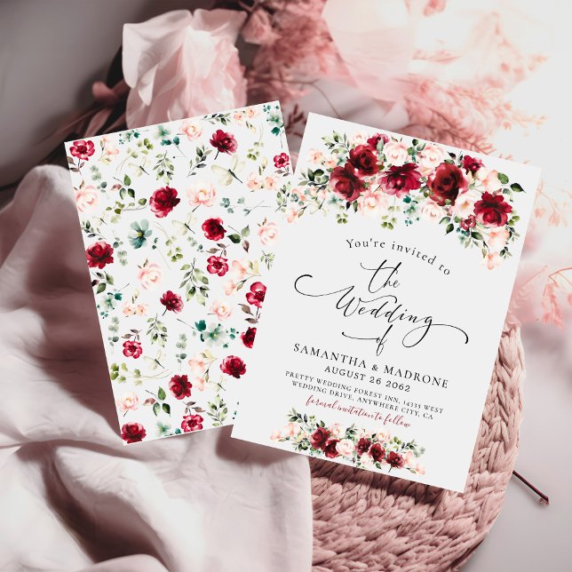 Boho Chic Burgunder Rosa Blush Rosor Grönska Bröll Inbjudningar (Skapare uppladdad)