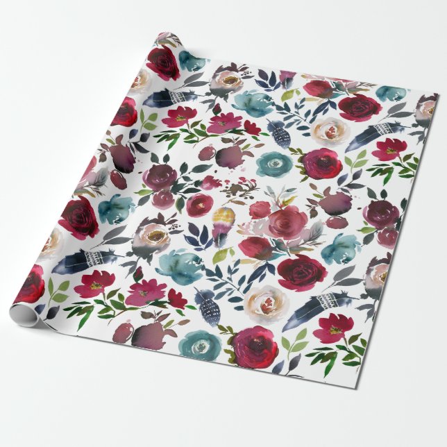 Boho Chic Burgundy and Navy Autumn Fall bröllop Presentpapper (Utrullad)