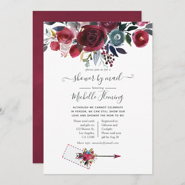 Boho Chic Burgundy and Navy Baby Shower by Mail Inbjudningar (Fram/baksida)