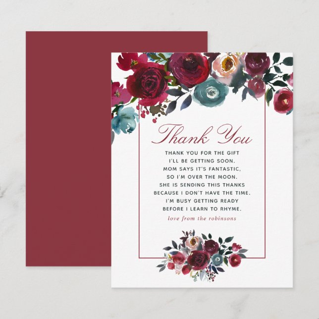 Boho chic burgundy and navy Baby Shower Tack Inbjudningar (Fram/baksida)