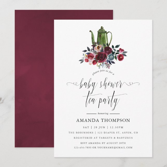 Boho Chic Burgundy and Navy Baby Shower Tea Party Inbjudningar (Fram/baksida)