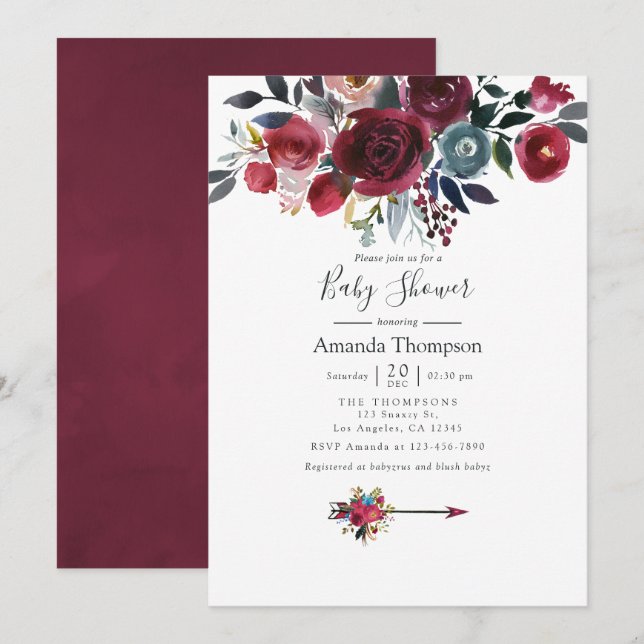 Boho Chic Burgundy and Navy blommigt Baby Shower Inbjudningar (Fram/baksida)