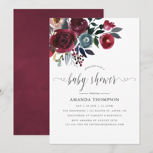 Boho Chic Burgundy and Navy blommigt Baby Shower Inbjudningar (Fram/baksida)