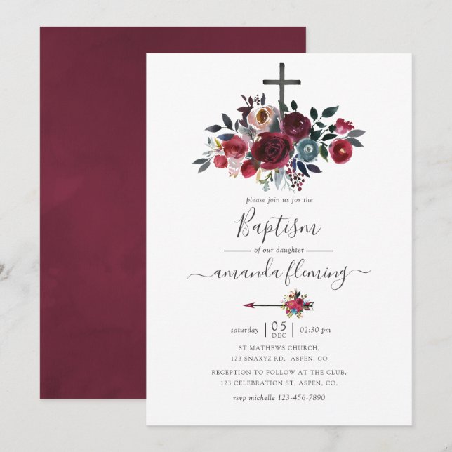 Boho Chic Burgundy and Navy Blommigt Baptism Inbjudningar (Fram/baksida)