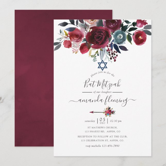 Boho Chic Burgundy and Navy Blommigt Bat mitzvah Inbjudningar (Fram/baksida)