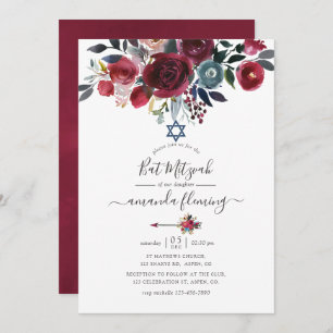 Boho Chic Burgundy and Navy Blommigt Bat mitzvah Inbjudningar