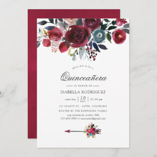 Boho Chic Burgundy and Navy blommigt Quinceañera Inbjudningar