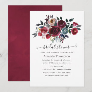 Boho Chic Burgundy & Navy blommigt Brunch and Bubl Inbjudningar