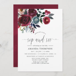 Boho Chic Burgundy & Navy blommigt Sip och se Inbjudningar