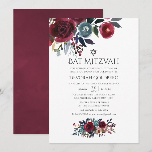 Boho Chic Burgundy och Navy Bat mitzvah Inbjudningar (Fram/baksida)