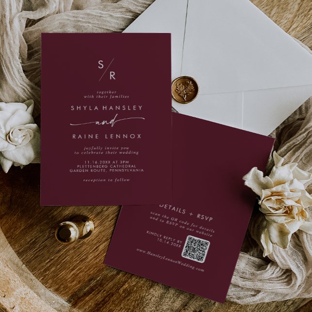 Boho Chic Burgundy Red Monogram QR Code Bröllop Inbjudningar (Boho Chic Burgundy Red Monogram QR Code Wedding Invitation)