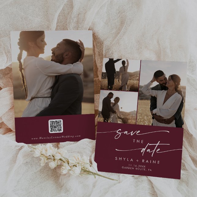 Boho Chic Burgundy Red Multi Photo QR-kod Spara Datumet (Skapare uppladdad)