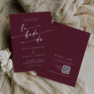 Boho Chic Burgundy Red QR Code Spain Bröllop Inbjudningar