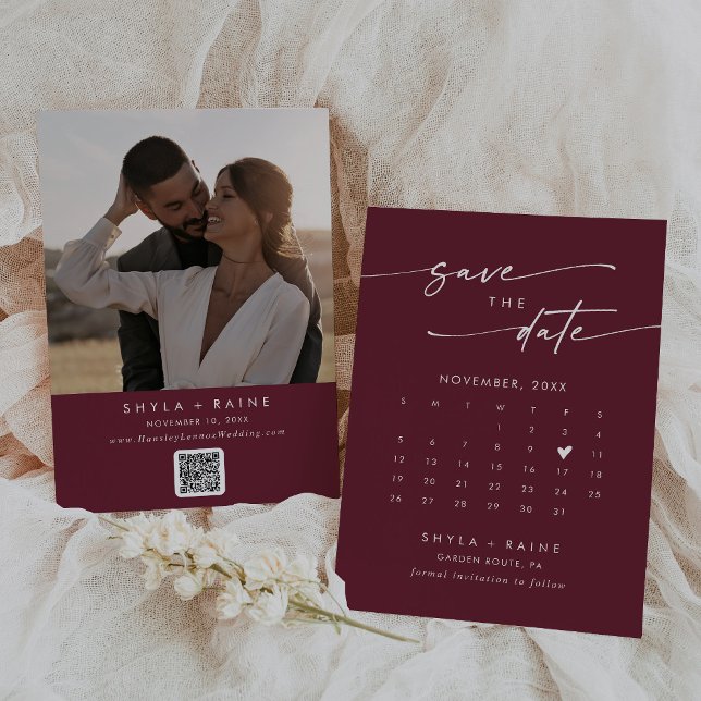 Boho Chic Burgundy Red QR-kodfotokalender Spara Datumet (Skapare uppladdad)
