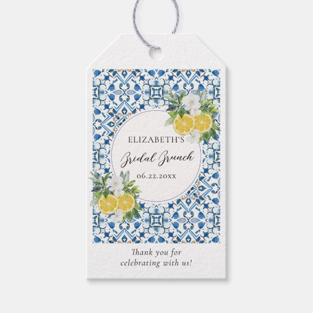 Boho Chic Citrus Italienska Blå Kakel Bröllopsdusc Presentetikett (Framsidan)