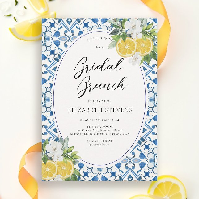 Boho Chic Citrus Italienska Blå Kakel Bröllopsfest Inbjudningar (main squeeze bridal shower theme amalfi coast blue tiles lemon floral watercolor invitation)