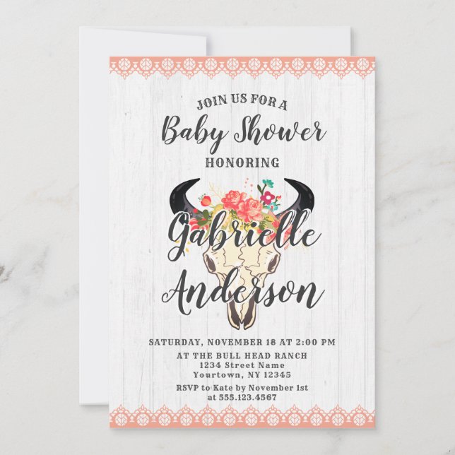 Boho Chic Cow Skull Blommigt Baby Shower-inbjudan Inbjudningar (Framsida)