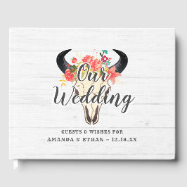 Boho Chic Cow Skull Blommigt Rustic Bröllop Monogr Gästböcker