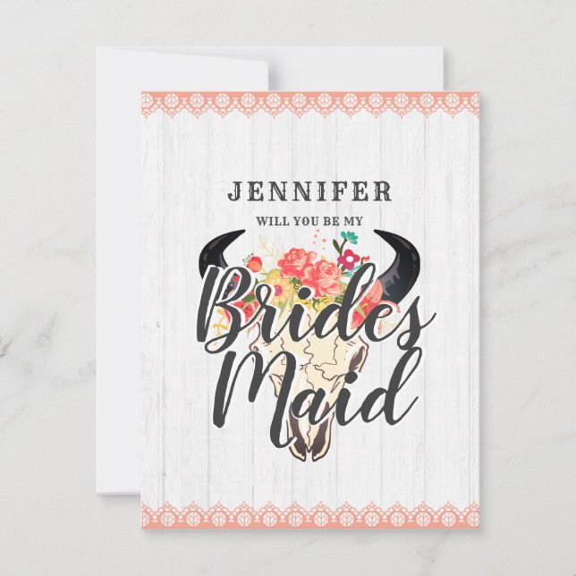 Boho Chic Cow Skull kommer att bli min bridesmaid Inbjudningar (Framsida)