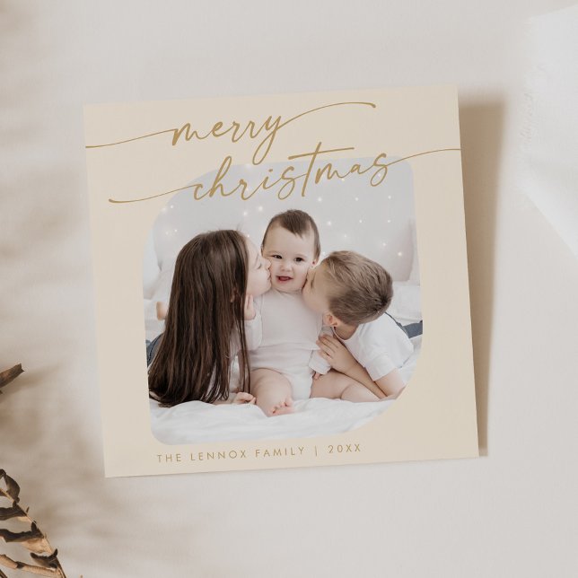 Boho Chic Cream Guld Photo Cute Family Jul Julkort (Skapare uppladdad)