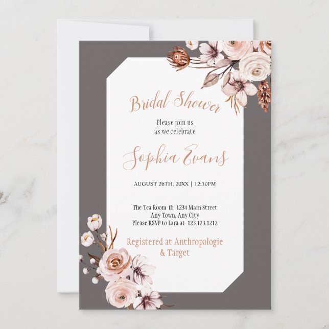 Boho Chic Cream och Brown Blommigt Möhippa Inbjudningar (Framsida)