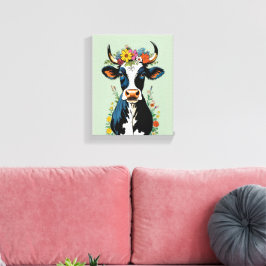 Boho Chic Cute Minimalist Cow Flower Krona Canvastryck