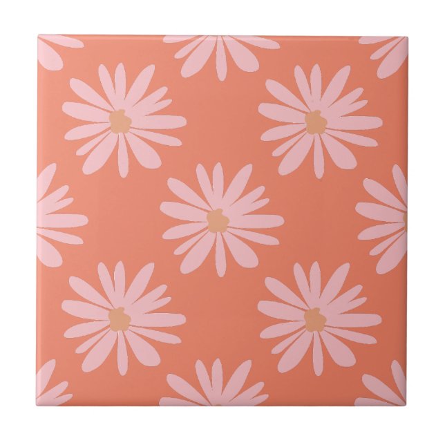 BOHO Chic Daisy Mönster Peach Orange Retro-Blommig Kakelplatta (Framsidan)
