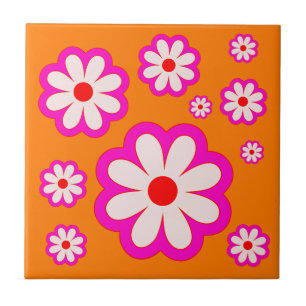 BOHO Chic Daisy Mönster Rosa och Orange Retro Blom Kakelplatta