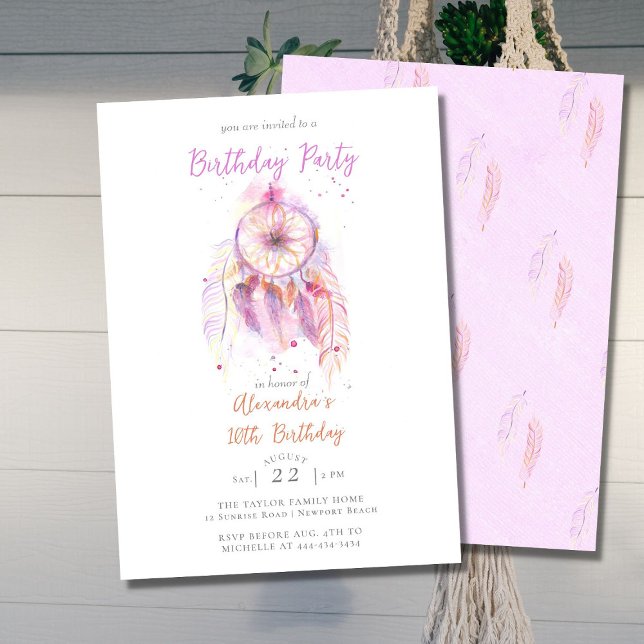 Boho Chic Dream Catcher Rosa Girly Birthday Inbjudningar (Skapare uppladdad)