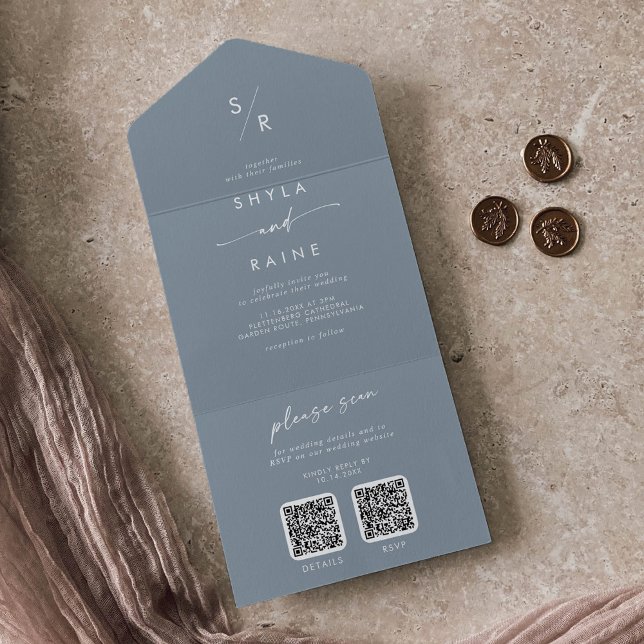 Boho Chic Dusty Blue Dual QR Code Bröllop (Skapare uppladdad)