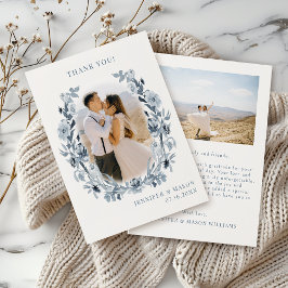 Boho Chic Dusty Blue Grått Blommigt Bröllop Photo Tack Kort
