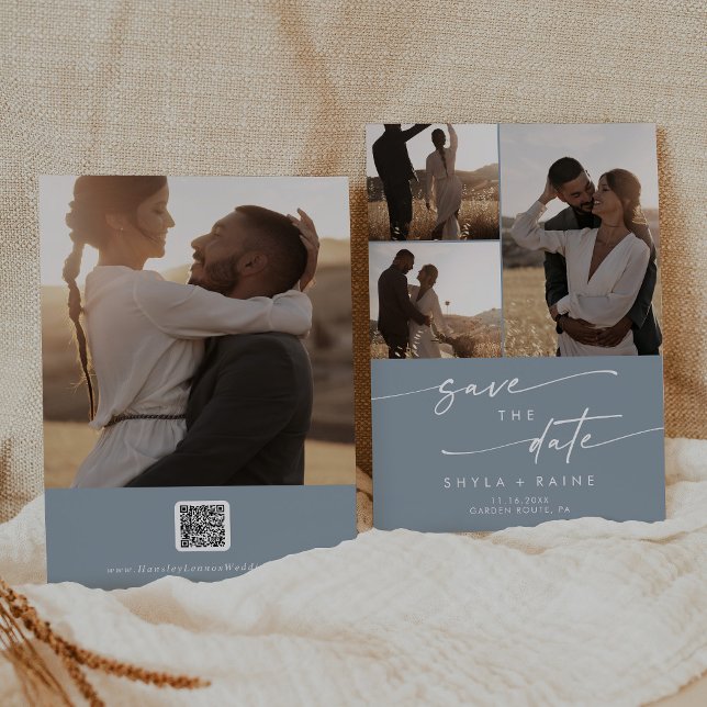 Boho Chic Dusty Blue Multi Photo QR-kod Spara Datumet (Skapare uppladdad)