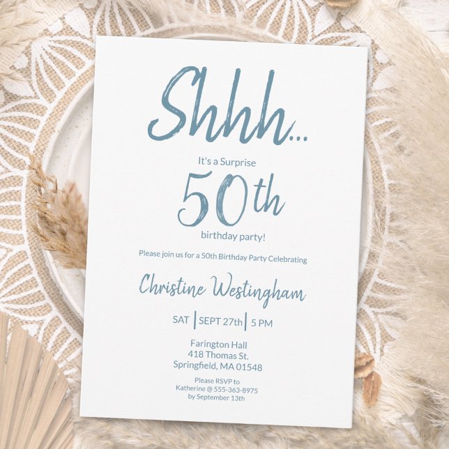 Boho Chic Dusty Blue White Surprise 50th Birthday Inbjudningar (Skapare uppladdad)