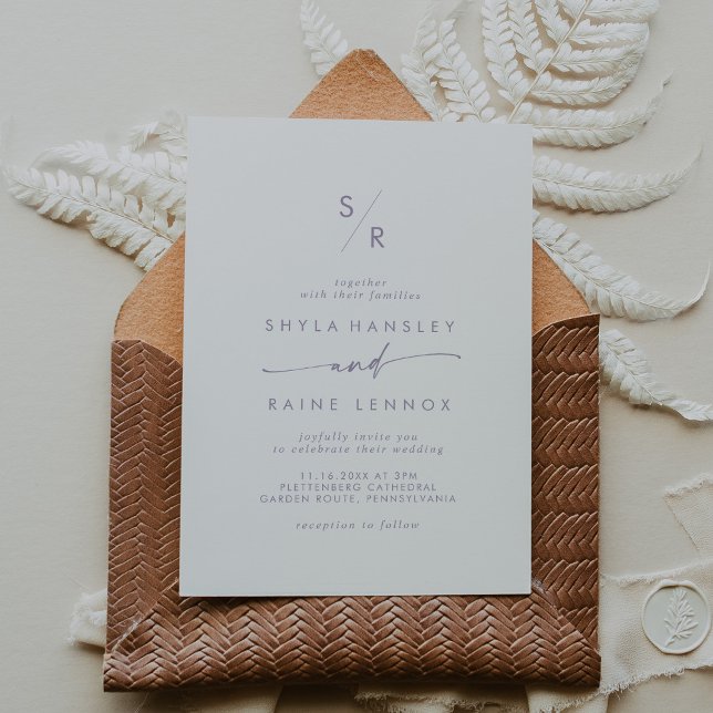 Boho Chic Dusty Lila Monogram Bröllop Inbjudningar (Skapare uppladdad)