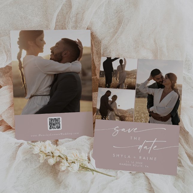 Boho Chic Dusty Ro Rosa Multi Photo QR-kod Spara Datumet (Skapare uppladdad)