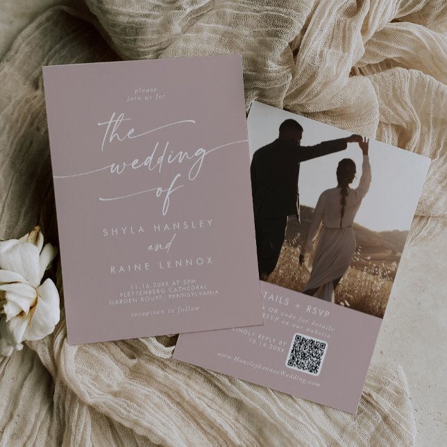 Boho Chic Dusty Ro Rosa Photo QR Code Bröllop Inbjudningar (Boho Chic Dusty Rose Pink Photo QR Code Wedding Invitation)