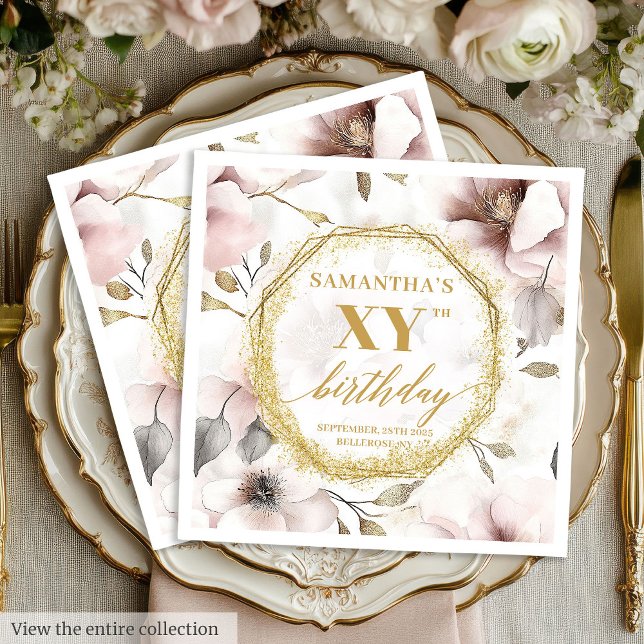 Boho Chic Dusty Rosa 80 födelsedagsservetter med G Pappersservett (Boho Chic Dusty Pink 80 Birthday Napkins with Gold)