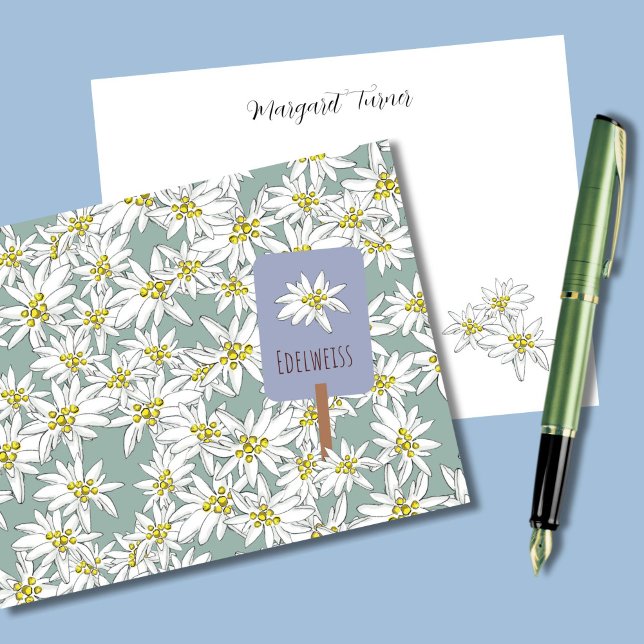 Boho Chic Edelweiss Alpine Wildblomsage Grönt Tack Kort (This boho sage green thank you card features my own hand-drawn Edelweiss Alpine wildflowers.)