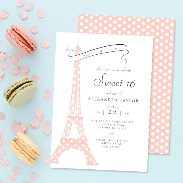 Boho Chic Eiffel Paris  Polka dots Sweet 16 Inbjudningar (Skapare uppladdad)