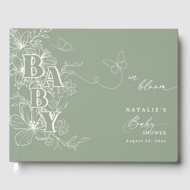 Boho Chic Elegant Sage Grönt Blommigt Baby Shower Gästböcker (Framsida)